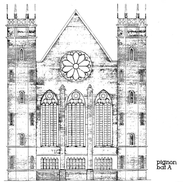 Reconstitution schématique du pignon nord-est de la grande filature. Dessin par Jean-Marc Fabri, in La grande filature, hier, aujourd’hui, demain. Mémoire de 3e cycle. Unité pédagogique d’architecture de Rouen, 1983.