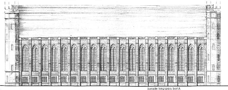 Reconstitution de l'élévation Nord de la filature. Dessin par Jean-Marc Fabri, in La grande filature, hier, aujourd’hui, demain. Mémoire de 3e cycle. Unité pédagogique d’architecture de Rouen, 1983.