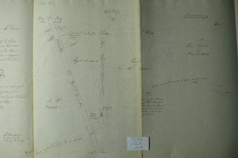 Plan des usines Pierre Denis Pinel, du moulin à blé Sautelet, de l’indiennerie Sautelet et du moulin à battre des indiennes Anty fils, 1er avril 1823 (AD Eure, 19 s 2).