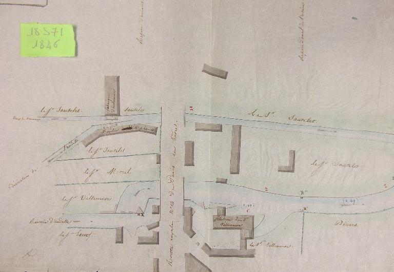 Plan de situation détaillé du moulin à blé de M. Sautelet (antérieurement Lamotte), 25 novembre 1846 (AD Eure, 18 S 71).
