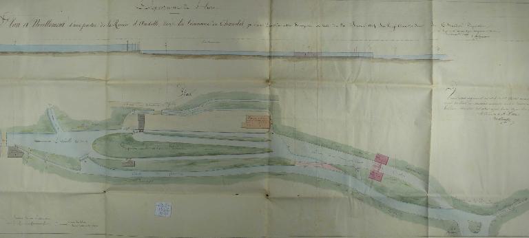 Plan de situation des moulins de M. Chardon (d’amont en aval : A moulin à blé, C moulin à foulon, E moulin à foulon, G filature, M et N moulins à foulon), 31 août 1824 (AD Eure. 19 S 2).