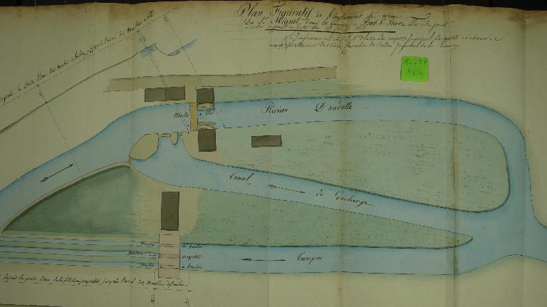 Plan des usines Mignot existantes (2 moulins à blé, 2 moulins à foulon) et de l’usine projetée (une filature de laine édifiée entre les deux moulins à foulon), 13 février 1814 (AD Eure. 18 S 57).
