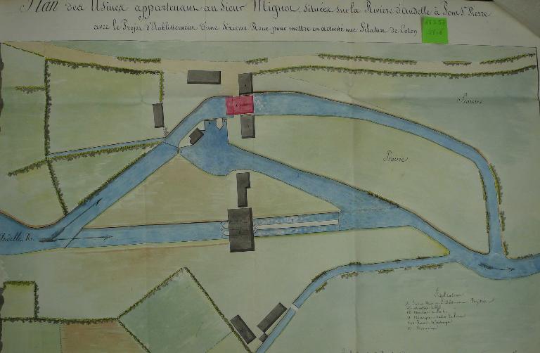 Plan des usines Mignot (avec le projet d’établissement d’une 6e roue pour mettre en activité une filature de coton), 30 janvier 1816 (AD Eure. 18 S 57).