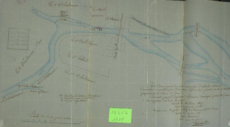 Plan de situation des usines Mignot Ainé (propriétaire des deux moulins à foulon et filature de laine construits sur des canaux dérivés) et Jeune (propriétaire des deux moulins à blé et filature de coton établis sur le corps principal de l’Andelle), 18 juin 1835 (AD Eure. 18 S 62).
