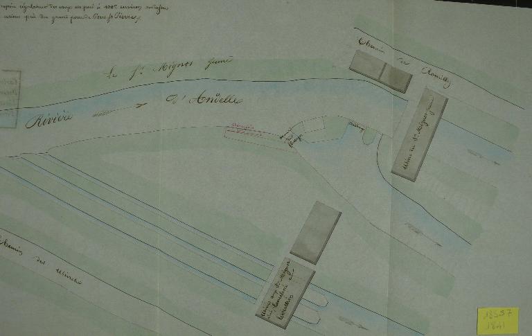 Plan de situation des usines Mignot frères, Lancelevée et Toutain relatif à la demande faite par M David pour la construction d’un déversoir aux dites usines, 30 janvier 1841 (AD Eure. 18 S 57).