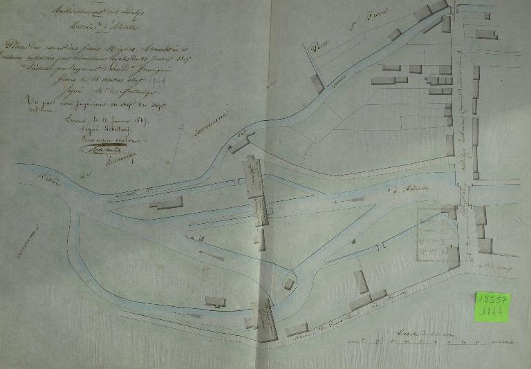 Plan de situation des usines Mignot, Lancelevée et Toutain, 18 octobre 1844 (AD Eure. 18 S 57).