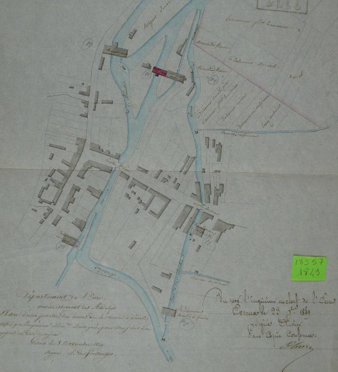 Plan des moulins à foulon Lancelevée après réunion des chutes projetée, 23 nov 1849 (AD Eure. 18 S 57).