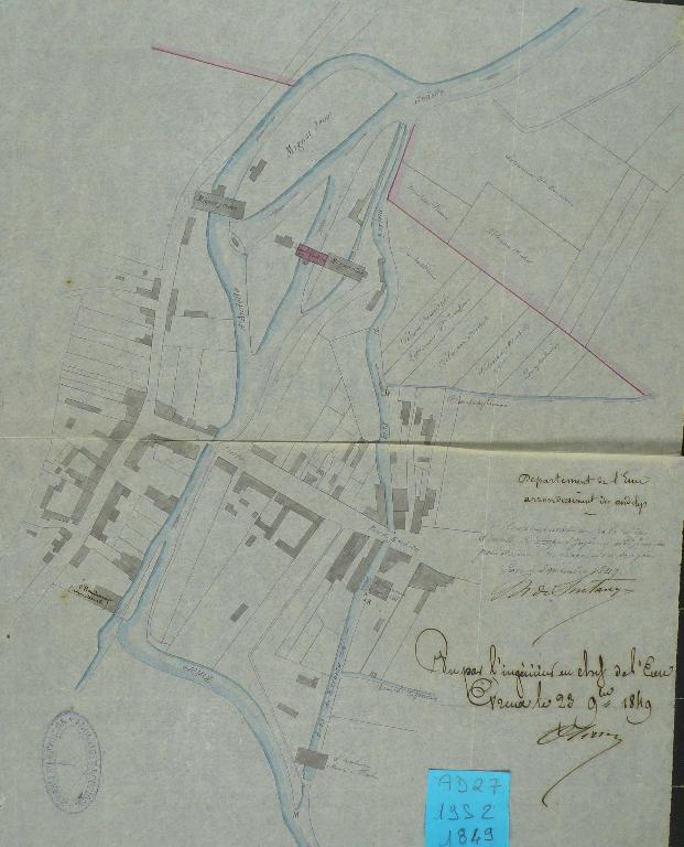 Plan des moulins à foulon Lancelevée après réunion des chutes projetée, 23 nov 1849 (AD Eure. 19 S 2).