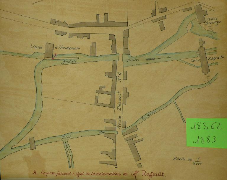 Plan de situation des usines Bernays et Ragault (anciennement Mignot), 1/200e, 20 aout 1883 (AD Eure, 18 S 62).