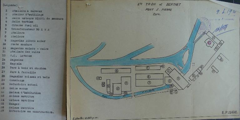 Plan masse légendé, 1/100e, 9 avril 1951 (AD Eure, 18 W 264).