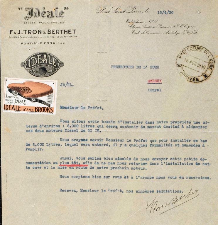Lettre avec en-tête et timbre, 1930 (AD Eure, 18 W 264).