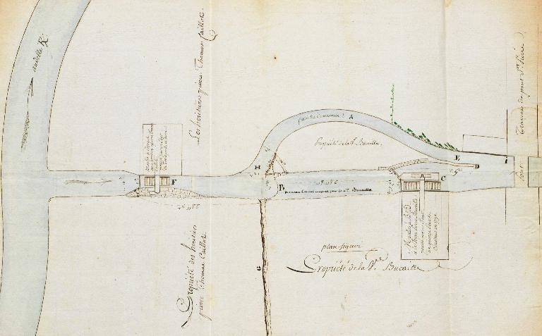Plan masse du moulin à foulon des héritiers de Pierre Thomas Caillot et du moulin à blé Bucaille construit en 1791 (futur Dehors), 12 floréal an 5 (AD Eure, 18 S 61).