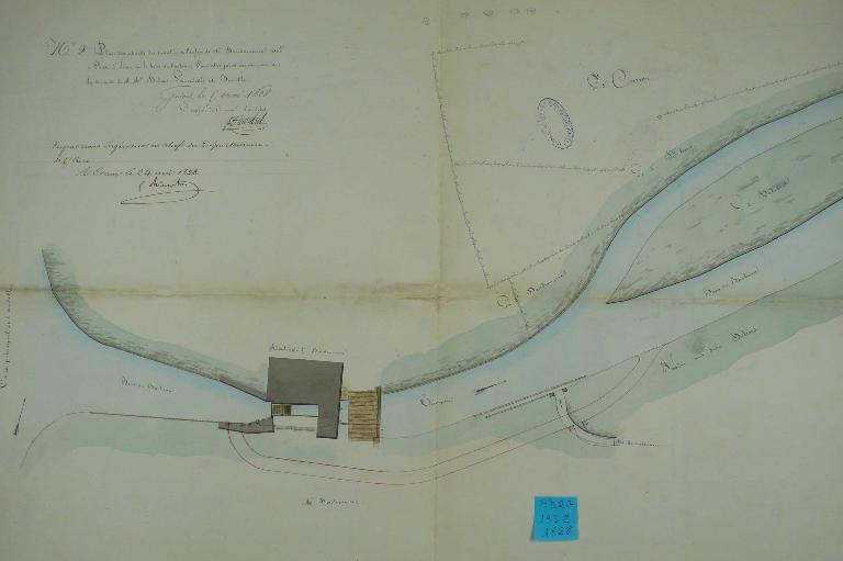 Plan masse des moulins d’Houdemare (moulin à foulon du Barbeau) et Dehors (moulin à blé), 5 mai 1828 (AD Eure, 19 S 2).
