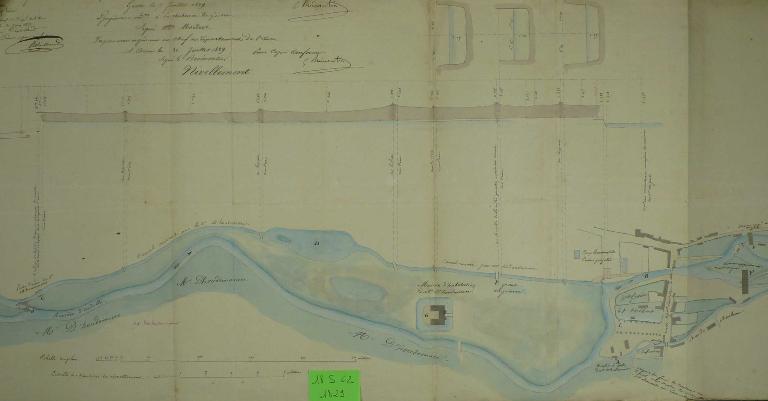 Plan de situation des usines d’Houdemare dont le moulin à foulon du Barbeau, 7 juillet 1829 (AD Eure, 18 S 62).