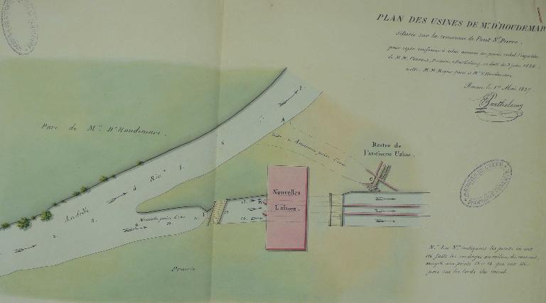 Plan masse des nouveaux moulins à foulon de M. d’Houdemare, 1er mai 1837 (AD Eure, 19 S 2).