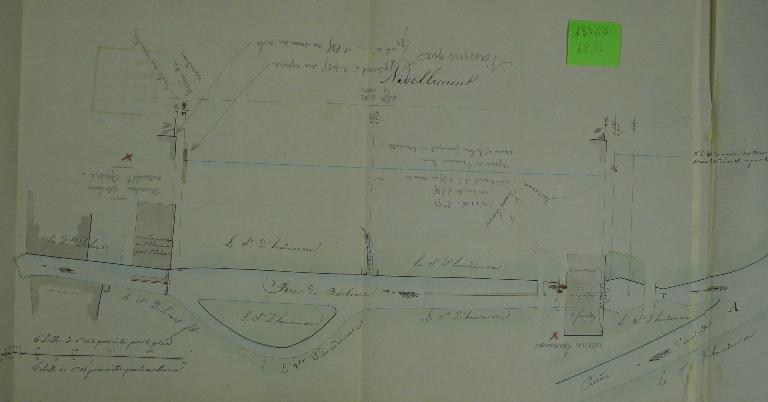 Plan des nouveaux moulins à foulon de M. d’Houdemare et du moulin Dehors vendu à Houdemare, 28 août 1838 (AD Eure, 19 S 2).