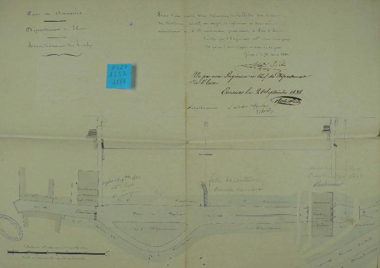 Plan des nouveaux moulins à foulon de M. d’Houdemare et du moulin Dehors vendu à Houdemare, 28 août 1838 (AD Eure. 19 S 2).