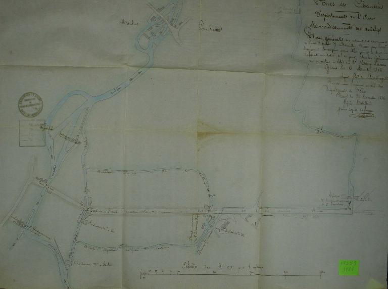 Plan de situation des moulins et usines Massinot (ex Lancelevée), Mary, d’Houdemare, Mignot et Pouchet, 6 août 1846 (AD Eure. 18 S 59).