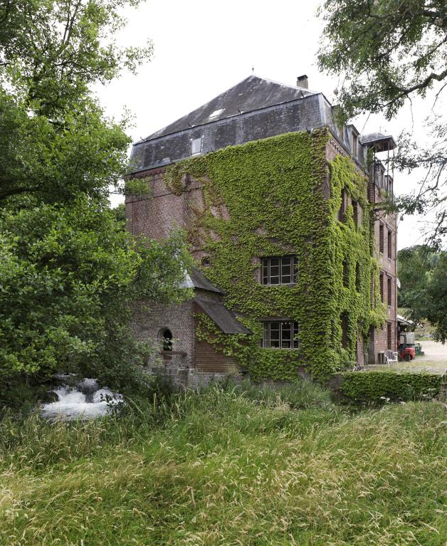 Vue générale du pignon de la minoterie avec bâtiment d'eau et canal de décharge, depuis l'ouest.