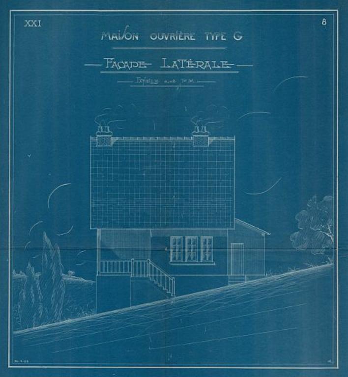 Maison type G, façade latérale, 1/50e, 24 avril 1929 (PNRBSN. Archives de la Société Immobilière du Trait).