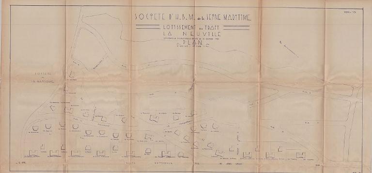 Plan du lotissement de la Neuville, porté par la société d'HBM et approuvé par le Préfet, 30 décembre 1931 (PNRBSN. Archives de la Société Immobilière du Trait). 