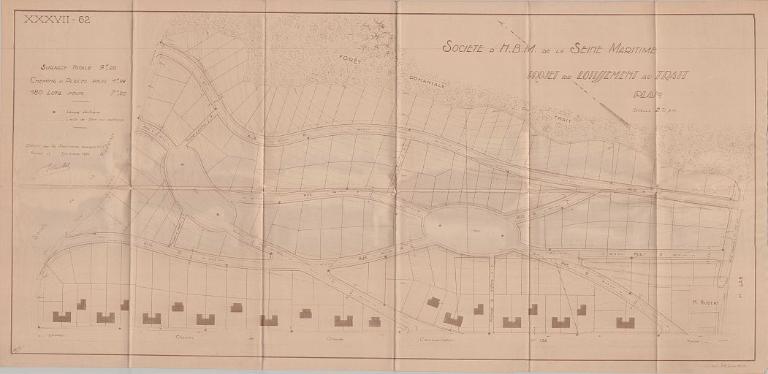 Plan du projet de lotissement au Trait porté par la société HBM de Seine-Maritime, septembre 1930 (PNRBSN. Archives de la Société Immobilière du Trait). 