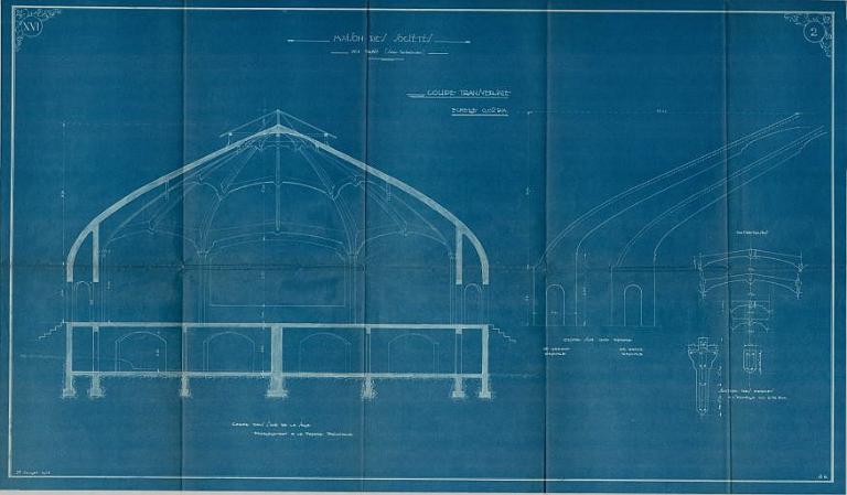 Maison des sociétés, coupe transversale, 27 juillet 1928 (PNRBSN, Archives de la Société Immobilière du Trait).