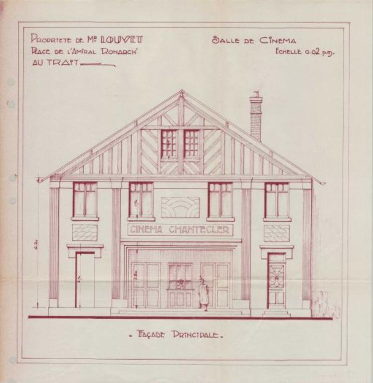Cinéma Chantecler, propriété de M. Louvet, place de l'Amiral Ronarch, dessin de la façade, s.d. (PNRBSN, Archives de la Société Immobilière du Trait).