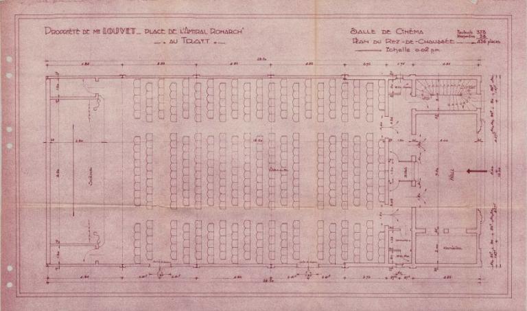 Salle de cinéma, propriété de M. Louvet, place de l'Amiral Ronarch, plan du rez-de-chaussée (PNRBSN, Archives de la Société Immobilière du Trait).