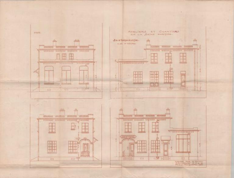 Infirmerie (projet non réalisé), dessin des élévations par Gustave Majou, novembre 1919 (PNRBSN, Archives de la Société Immobilière du Trait).