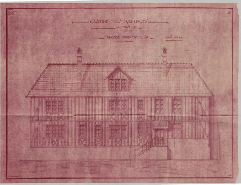 Caserne des équipages, dessin de la façade principale, 10 septembre 1928 (PNRBSN, Archives de la Société Immobilière du Trait).