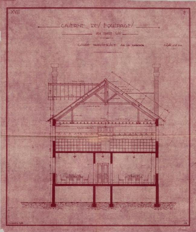 Caserne des équipages, coupe transversale sur le dortoir, 6 octobre 1928 (PNRBSN, Archives de la Société Immobilière du Trait).