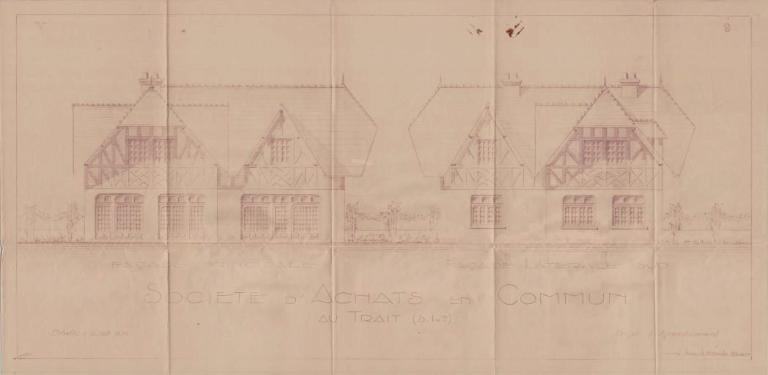 Société d'achats en communs, projet d'agrandissement, dessin de l'élévation, 23 novembre 1932 (PNRBSN, Archives de la Société Immobilière du Trait). 