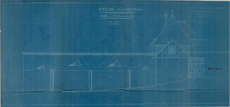 Atelier de confection, dessin de l'élévation côté cité Duquesne (PNRBSN, Archives de la Société Immobilière du Trait).