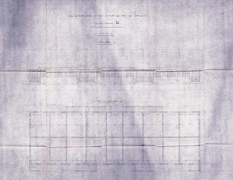 Maison type D, façade et plan du rez-de-chaussée, 1/50e (PNRBSN. Archives de la Société Immobilière du Trait).