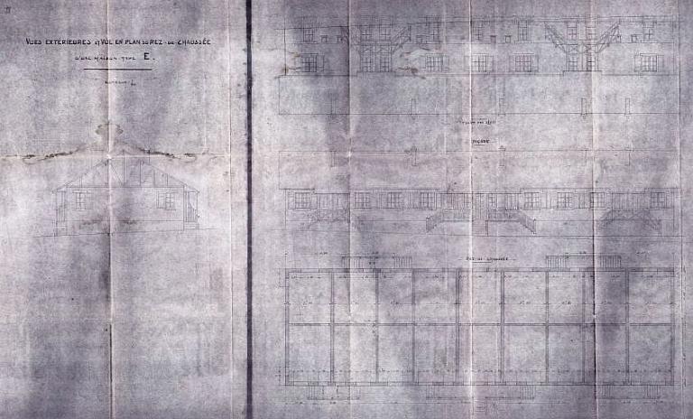 Maison type E, pignon, façades et plan du rez-de-chaussée, 1/50e (PRNBSN. Archives de la Société Immobilière du Trait).