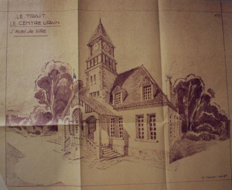 Dessin du centre urbain, l'hôtel de ville (premier projet de mairie), par E. Chauliat (AM Le Trait).