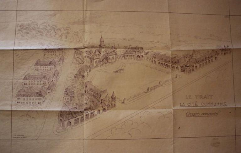 Croquis perspectif de la cité communale (premier projet), par E. Chauliat, 1/100e (AM Le Trait)