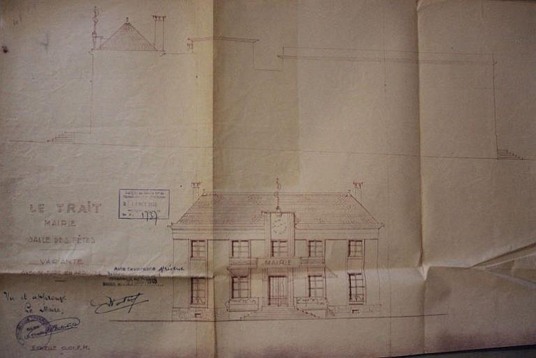 Façade de la mairie-salle des fêtes, approuvé en décembre 1948, 1/10e (AM Le Trait).