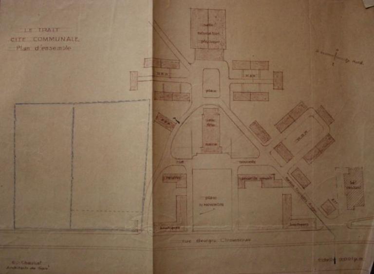 Plan d'ensemble de la cité communale, par E. Chauliat, 1/100e (AM Le Trait). 