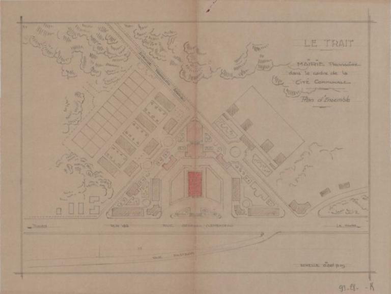 Plan d'ensemble de la mairie provisoire dans le cadre de la cité communale, 1/100e (PNRBSN, Archives de la société immobilière du Trait). 