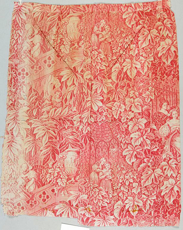 Tissu, coton imprimé, scène de jardin, camaïeu rouge, début XIXe siècle (AM. Lyons-la-Forêt).