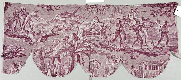 Tissu, coton imprimé, scène exotique, camaïeu violet, début XIXe siècle (AM. Lyons-la-Forêt).