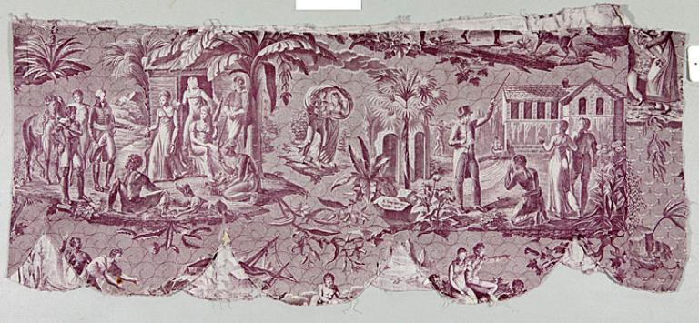 Tissu, coton imprimé, scène historique, camaïeu violet, début XIXe siècle (AM. Lyons-la-Forêt).