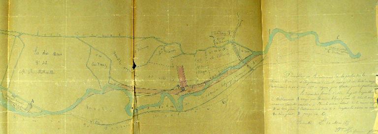 Plan de l’usine projeté par M. Hilzinger en aval de l’usine Paviot appartenant à M. de Milleville, 30 mai 1855 (AD Eure. 19 S 2).