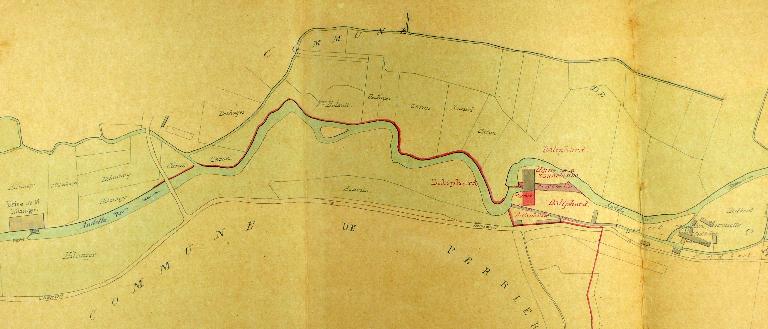 Plan de situation de l’usine de MM. Hilzinger et des usines aval, 1/2500, 17 juin 1872 (AD eure. 19 S 2).