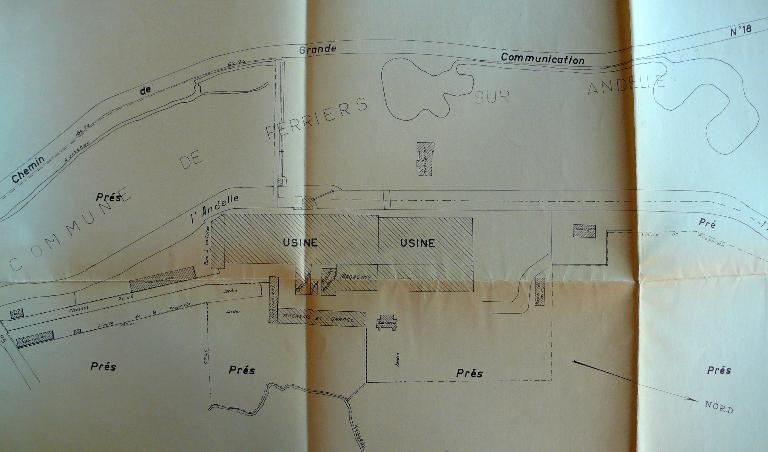 Plan masse des Etablissements Mesnel, usine de Transières 1/1000e, 1968 (AD Eure. 18 W 94).