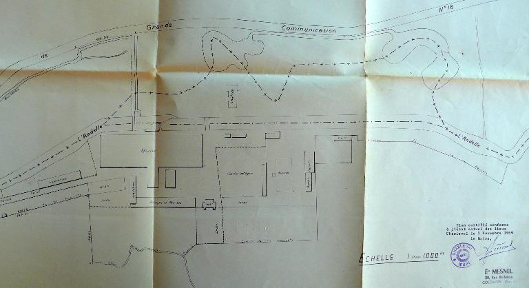 Plan masse détaillé des Etablissements Mesnel, usine de Transières 1/500e, 1959 (AD Eure. 18 W 94).