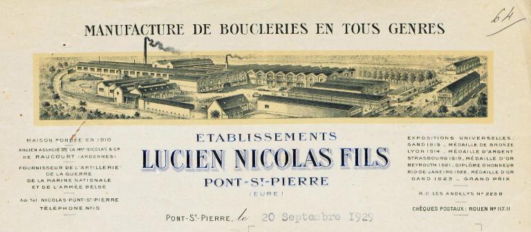 Entête de lettre des Etablissements Lucien Nicolas fils, 1929 (AD Eure. 18 S 58).