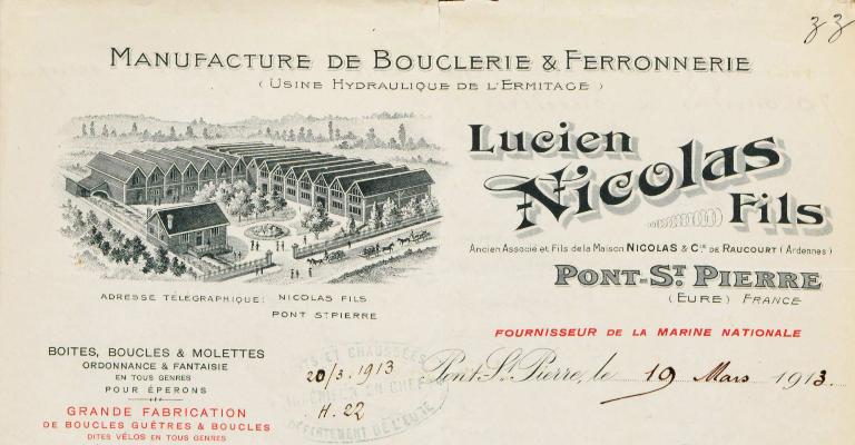 Entête de lettre des Etablissements Lucien Nicolas fils, 1913 (AD Eure. 18 S 61). ; En-tête de lettre des établissements Lucien Nicolas fils établis à Pont-Saint-Pierre et spécialisés dans la fabrication de boucles et chaines en métal, 1913 (AD Eure. 18 S 61).